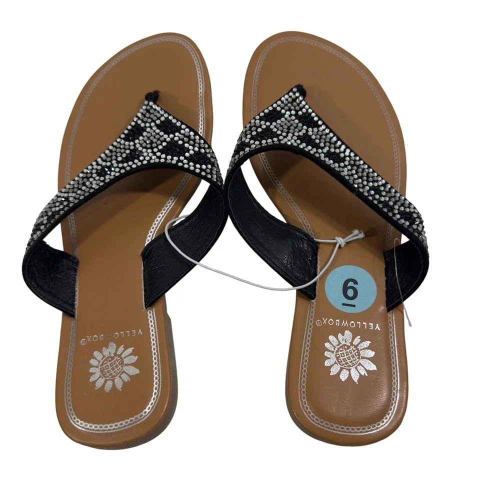 New Yellow Box Womens Black Rhinestone Thong Sandals Flat Flip Flops Size 6 - Picture 5 of 8